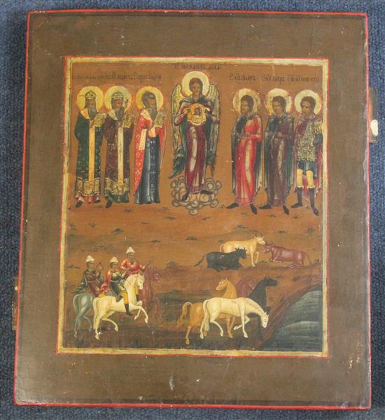 19th century Russian School Icon depicting seven saints and three kings, 12 x 10.75in.